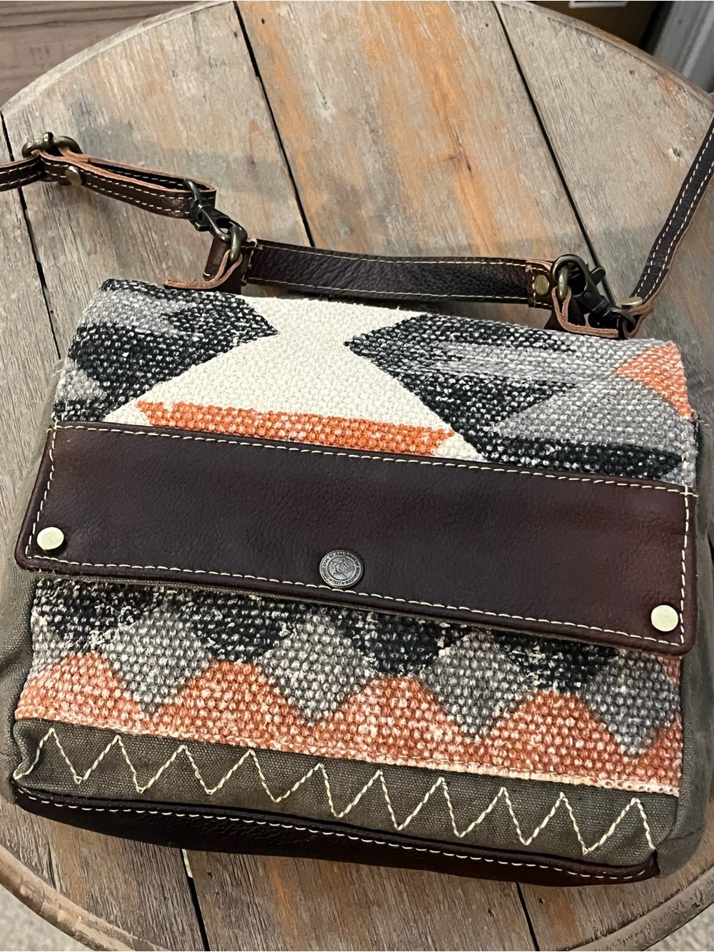 Myra Bag Orange, Black & Cream Woven Geometric Crossbody with Brown Leather Trim